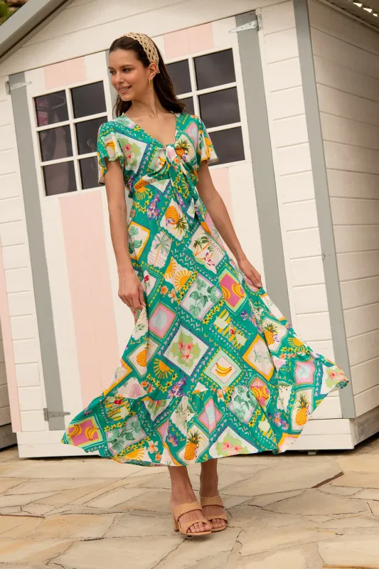 Georgina Maxi Dress In Green with Multi Tile Print sold by St Frock