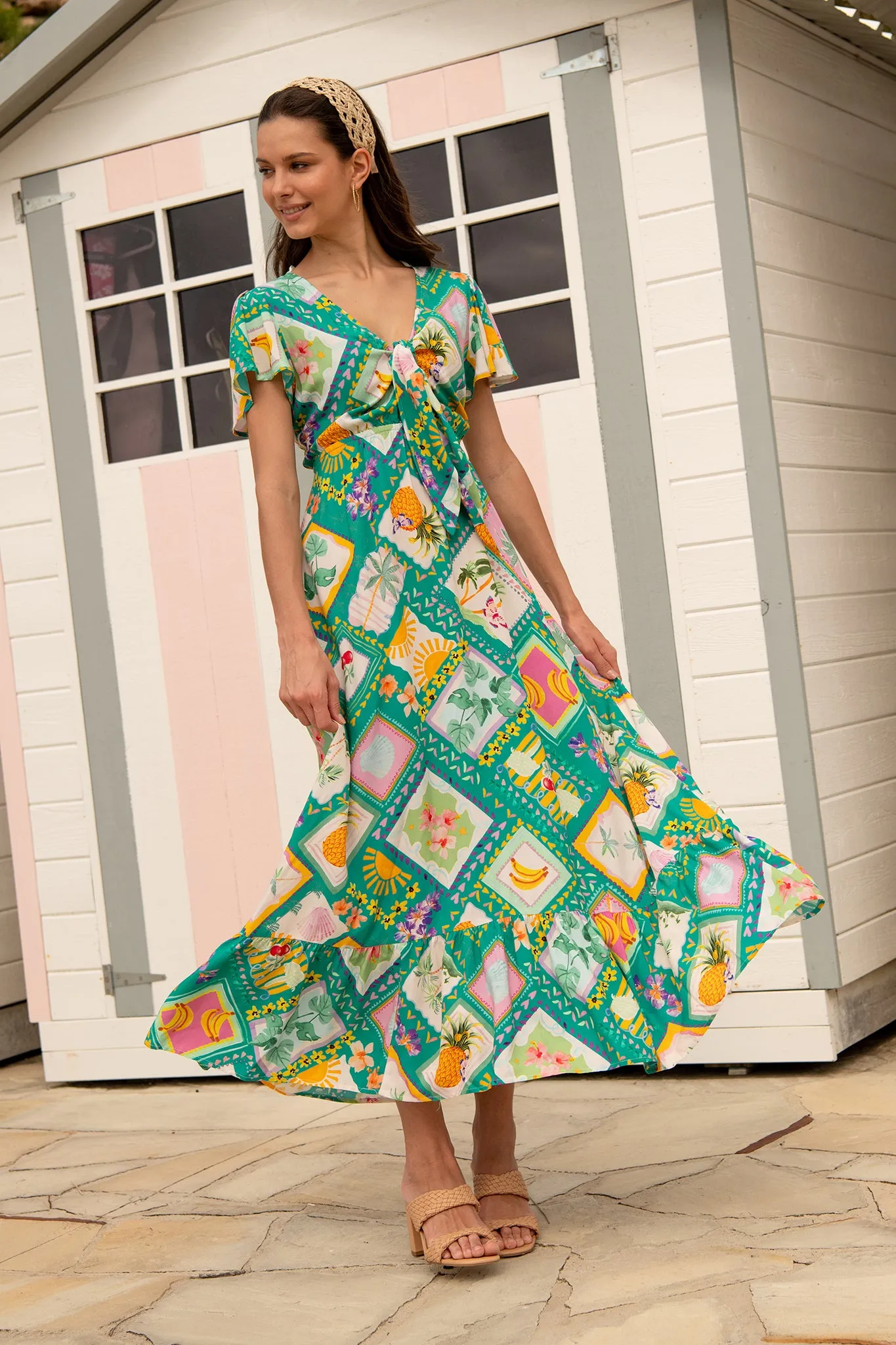 Georgina Maxi Dress In Green with Multi Tile Print sold by St Frock
