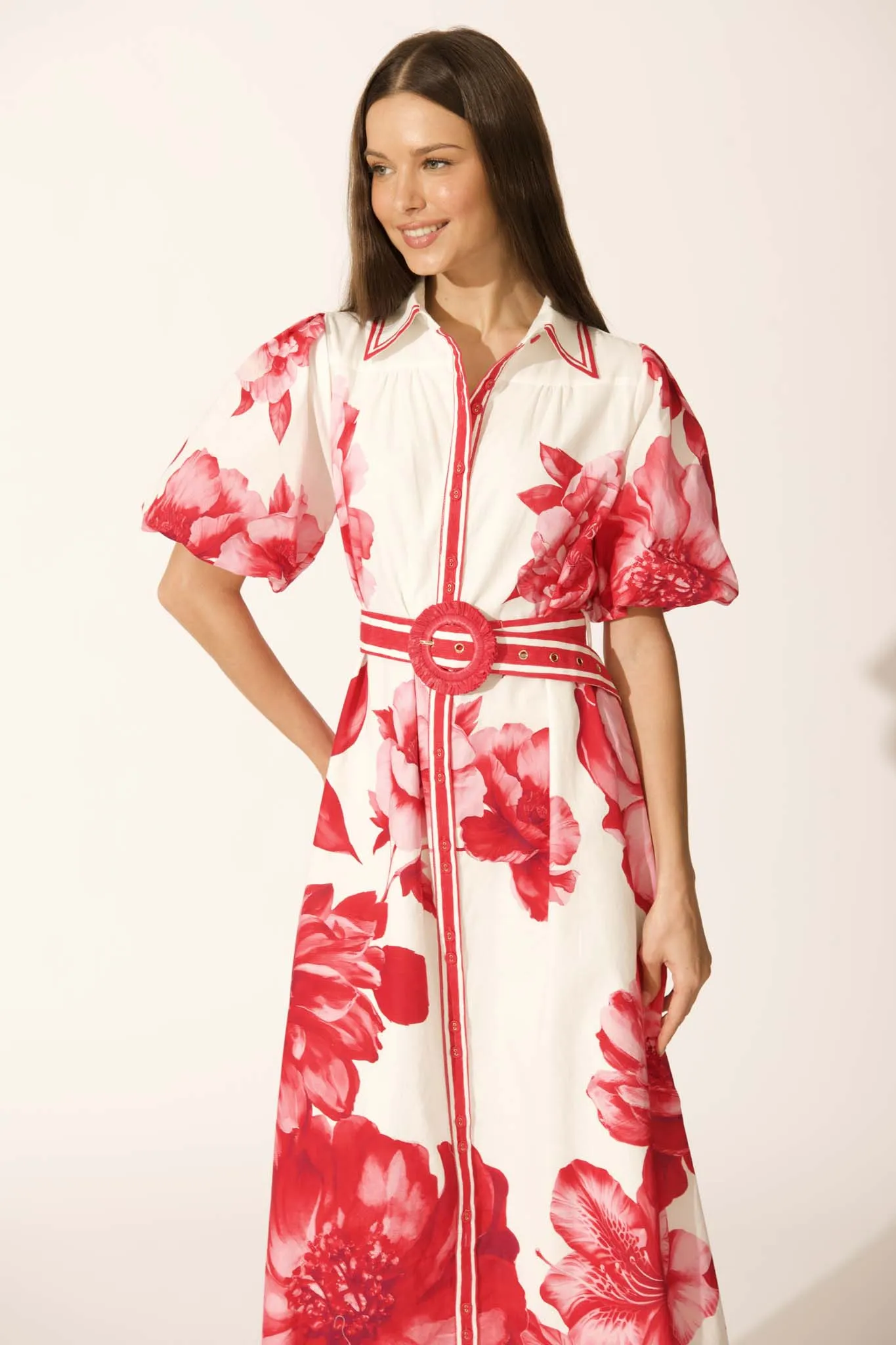 Zaraya Maxi Shirt Dress in Pink Floral Border Print Cotton sold by St Frock product image thumbnail 2