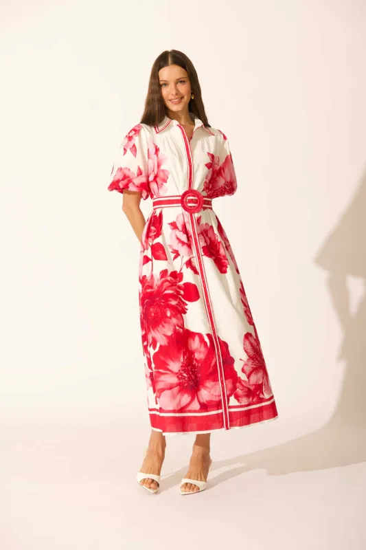 Zaraya Maxi Shirt Dress in Pink Floral Border Print Cotton sold by St Frock