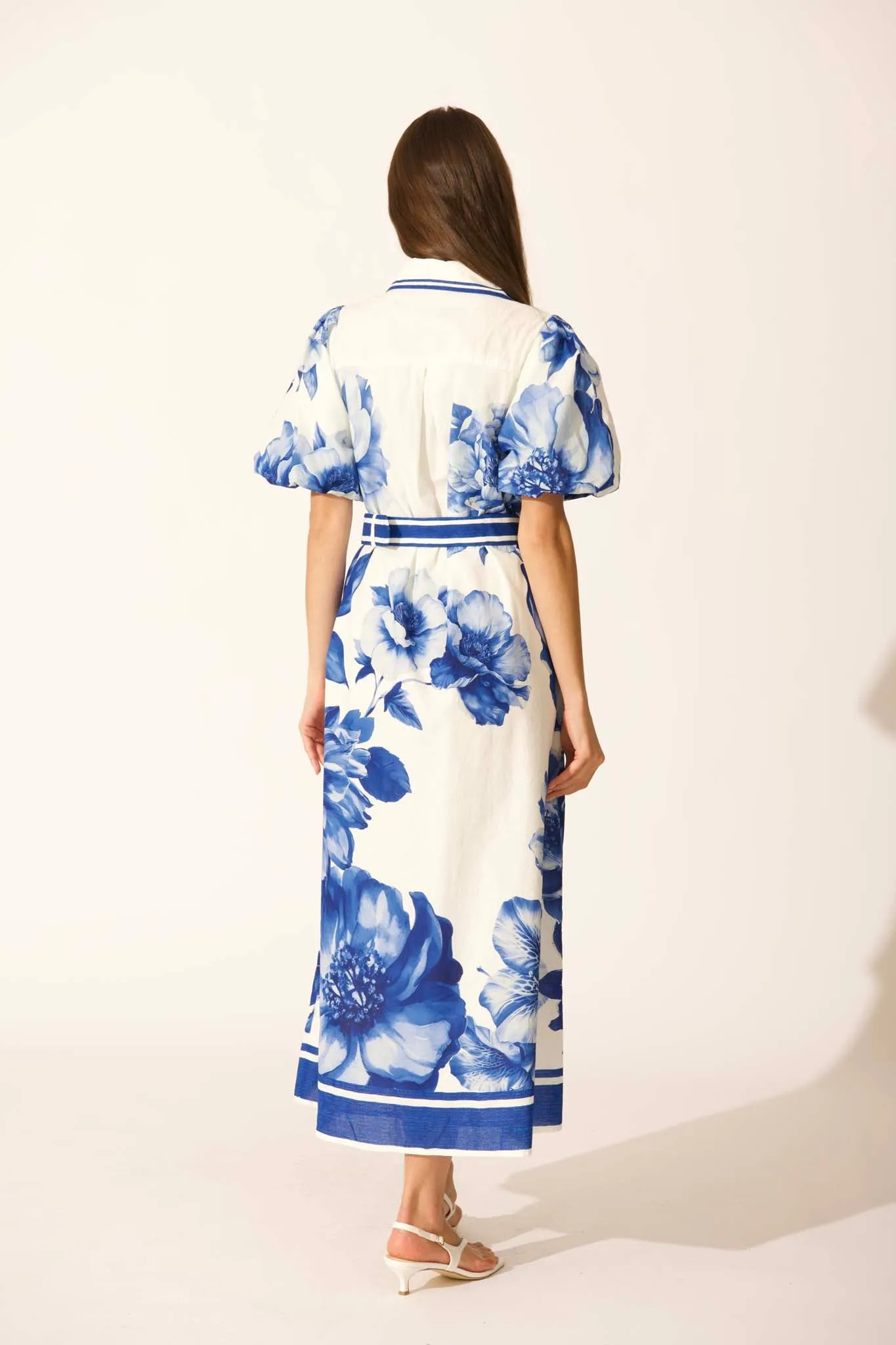 Zaraya Maxi Shirt Dress in Blue Floral Border Print Cotton sold by St Frock product image thumbnail 4