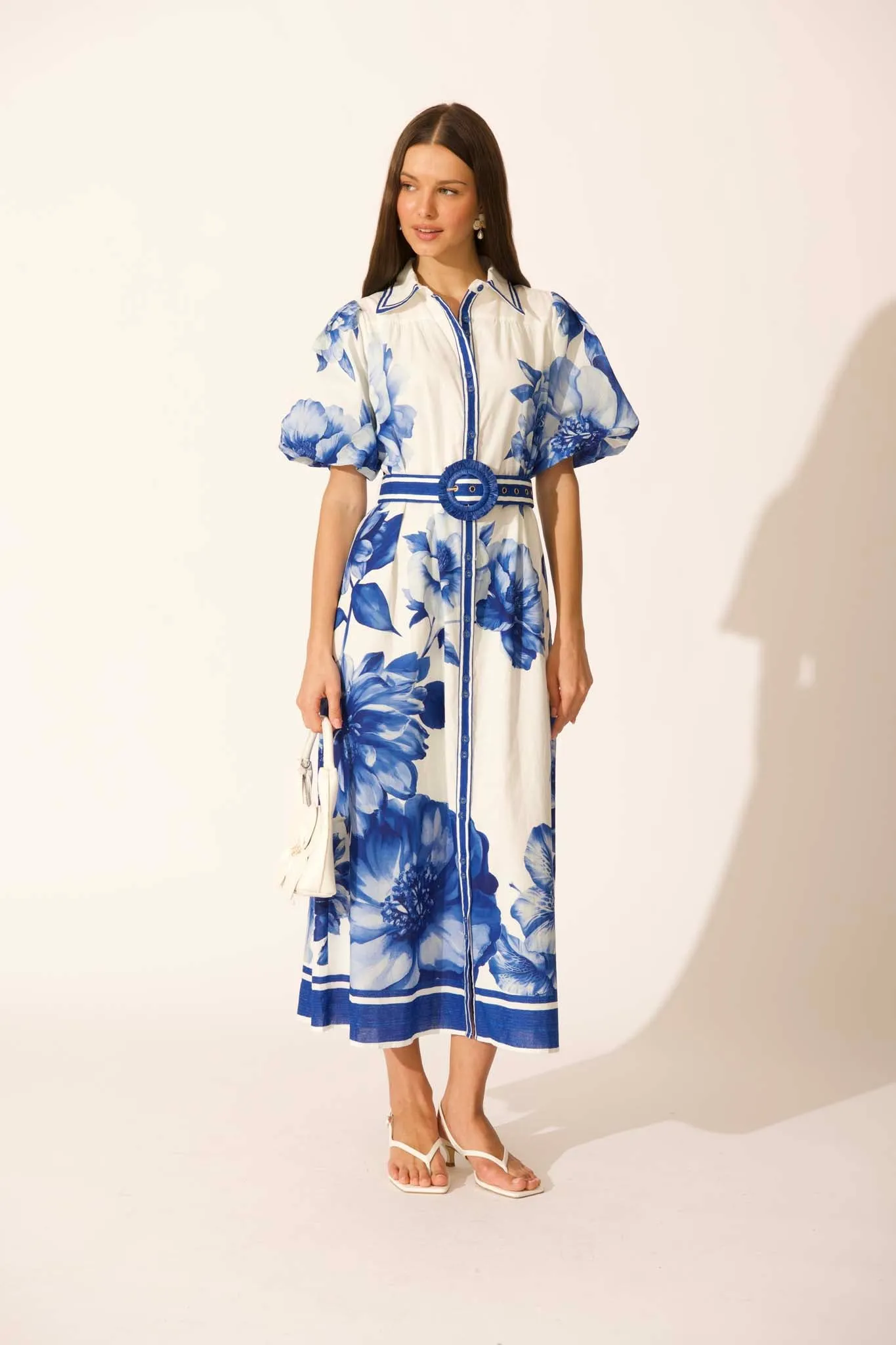 Zaraya Maxi Shirt Dress in Blue Floral Border Print Cotton sold by St Frock product image thumbnail 5