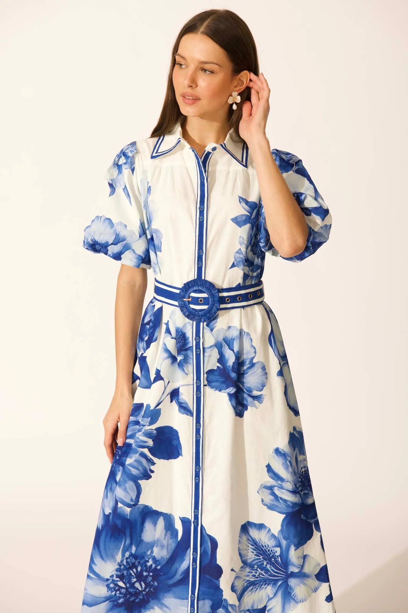 Zaraya Maxi Shirt Dress in Blue Floral Border Print Cotton sold by St Frock product image thumbnail 2