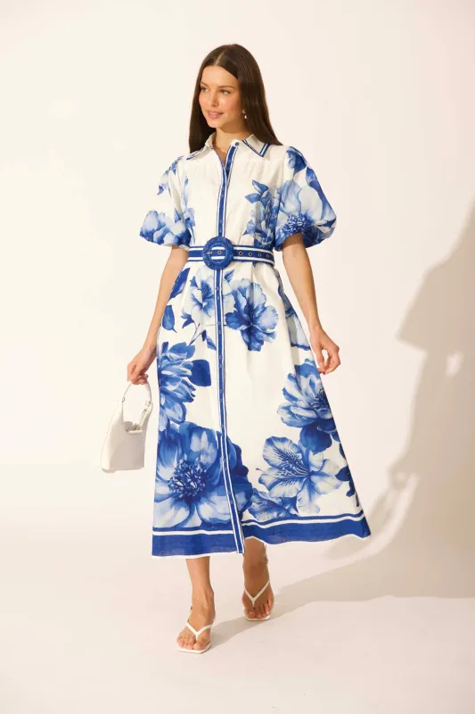 Zaraya Maxi Shirt Dress in Blue Floral Border Print Cotton sold by St Frock