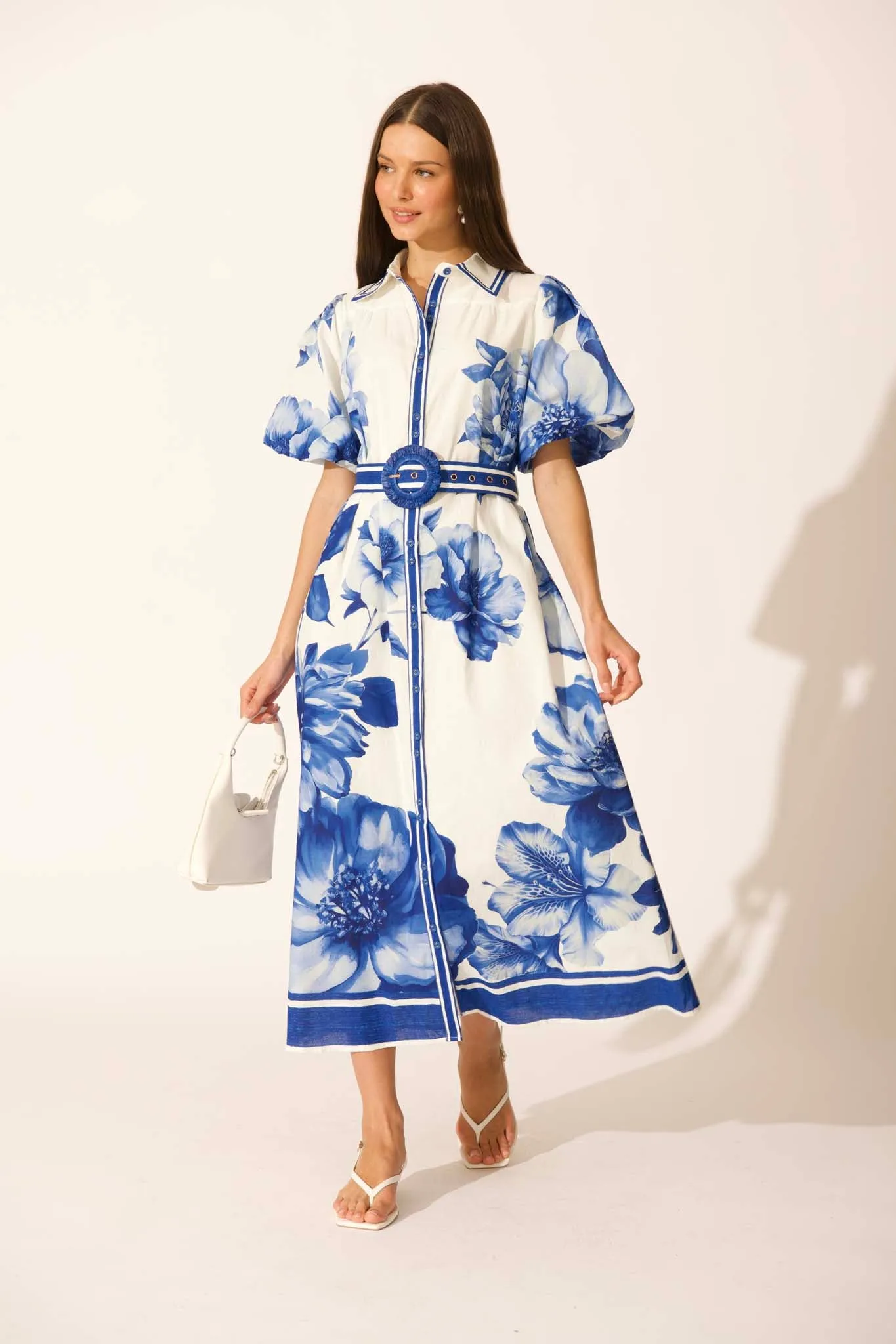 Zaraya Maxi Shirt Dress in Blue Floral Border Print Cotton sold by St Frock