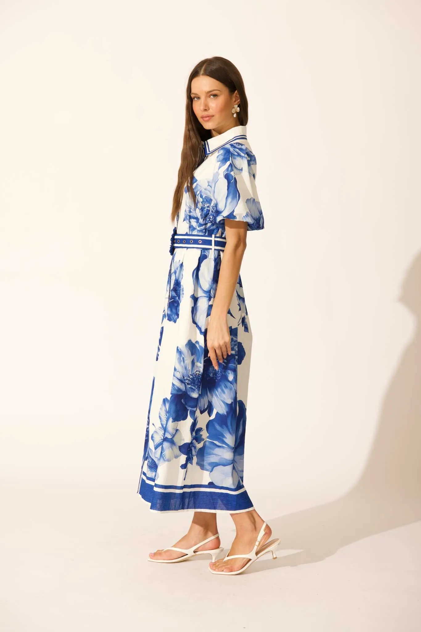 Zaraya Maxi Shirt Dress in Blue Floral Border Print Cotton sold by St Frock product image thumbnail 3