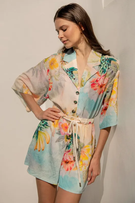 Island Dreamscape Playsuit in Multi Tropical Floral Print sold by St Frock
