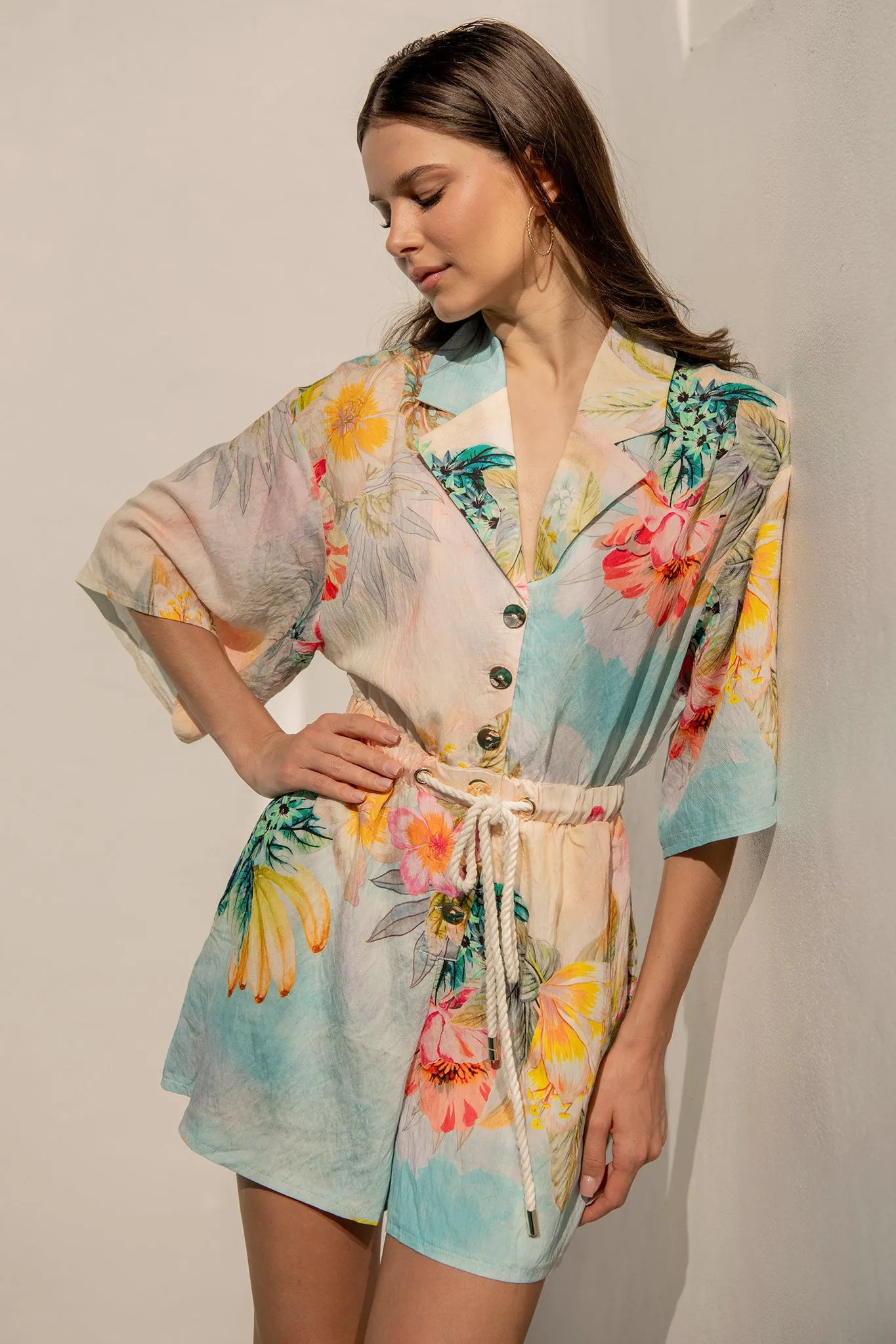 Island Dreamscape Playsuit in Multi Tropical Floral Print sold by St Frock