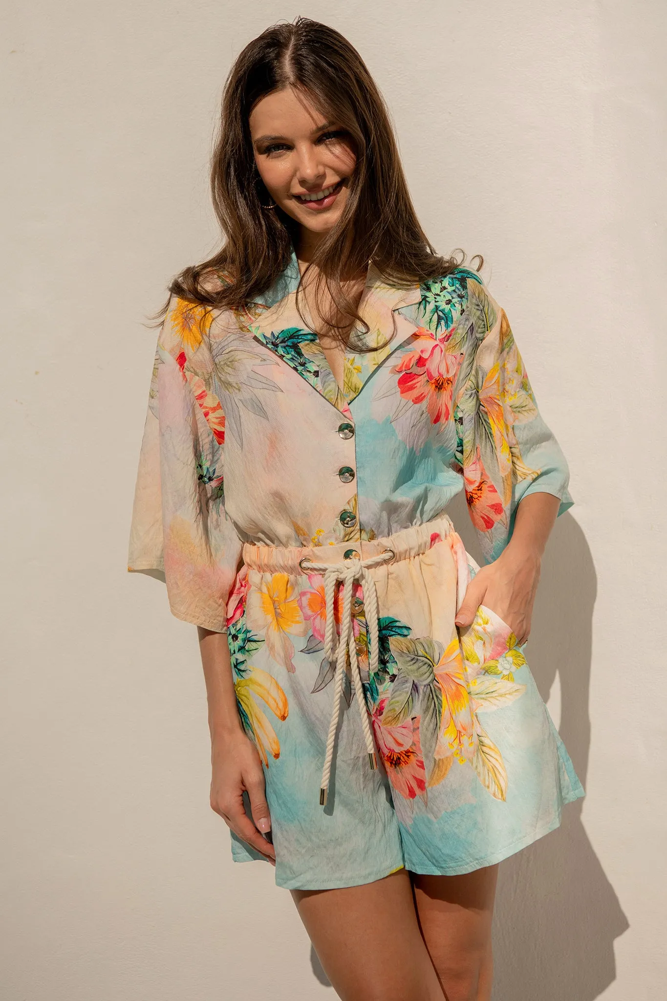 Island Dreamscape Playsuit in Multi Tropical Floral Print sold by St Frock product image thumbnail 4