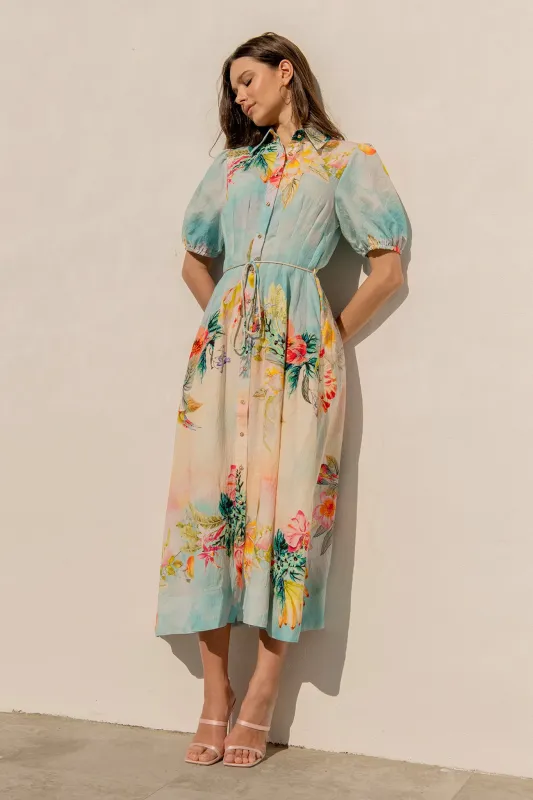 Sundrop Midi Shirt Dress in Multi Tropical Floral Print sold by St Frock