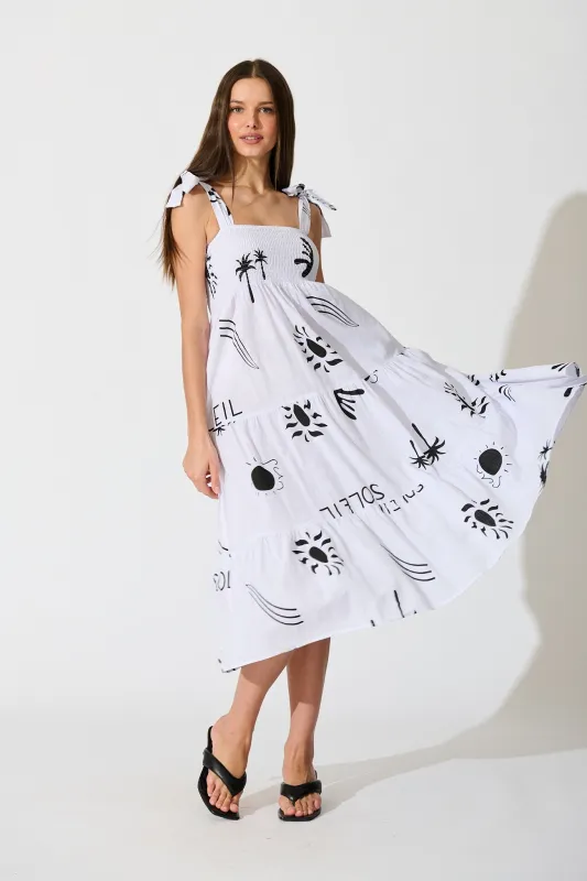 Alexea Midi Sundress in White with Black Print Cotton sold by St Frock