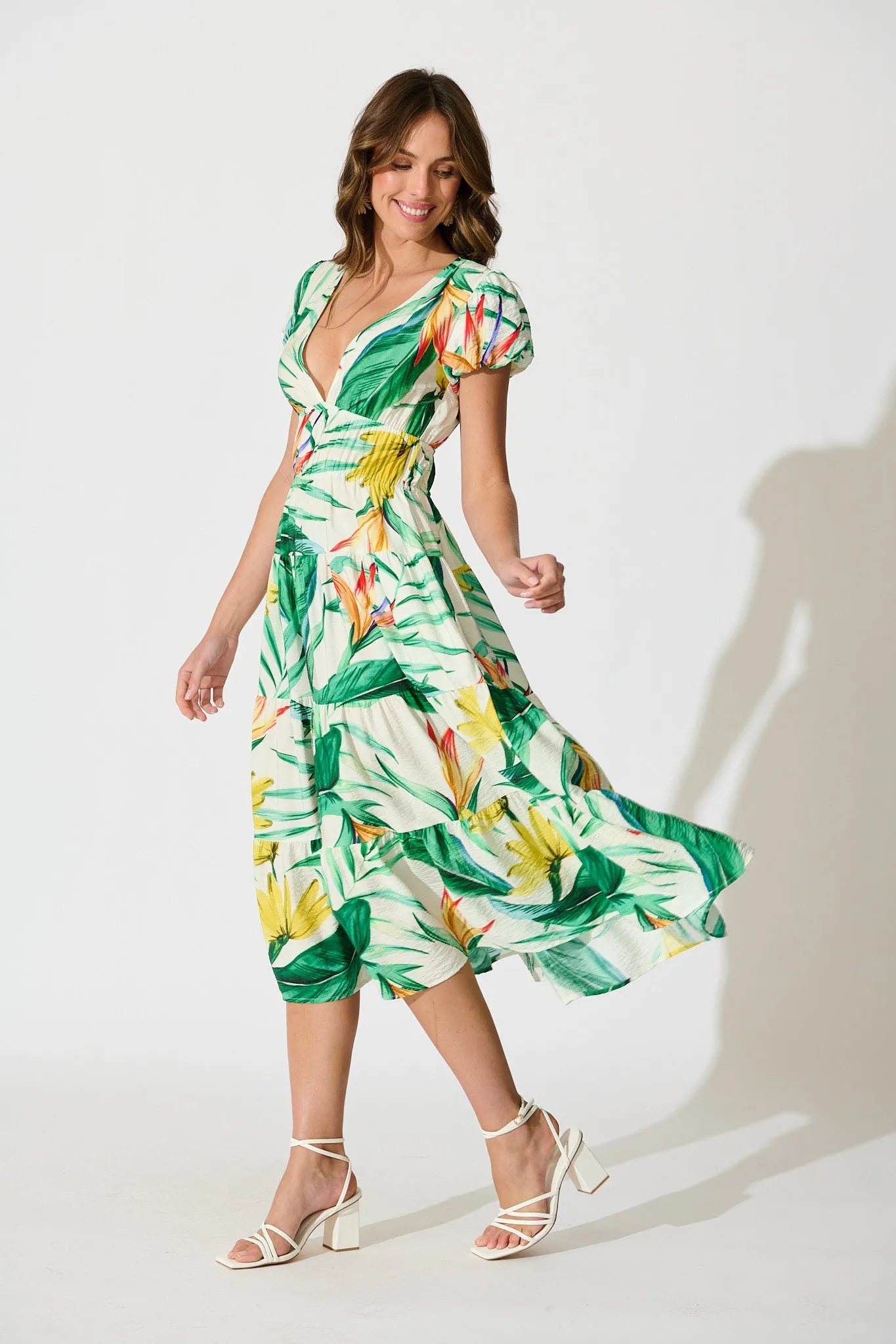 Helia Midi Dress In Green Tropical Print Cotton sold by St Frock product image thumbnail 3