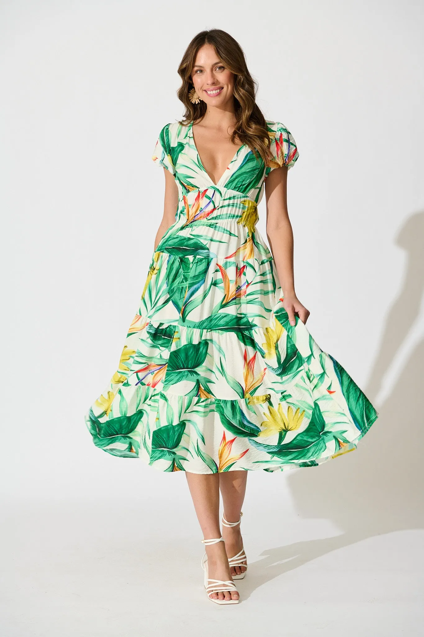 Helia Midi Dress In Green Tropical Print Cotton sold by St Frock