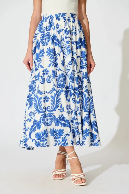 Dip and Dusk Maxi Skirt in White with Blue Floral sold by St Frock