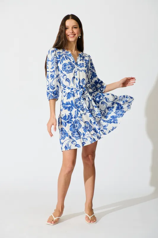 Paisley Dreams Dress in White with Blue Floral sold by St Frock