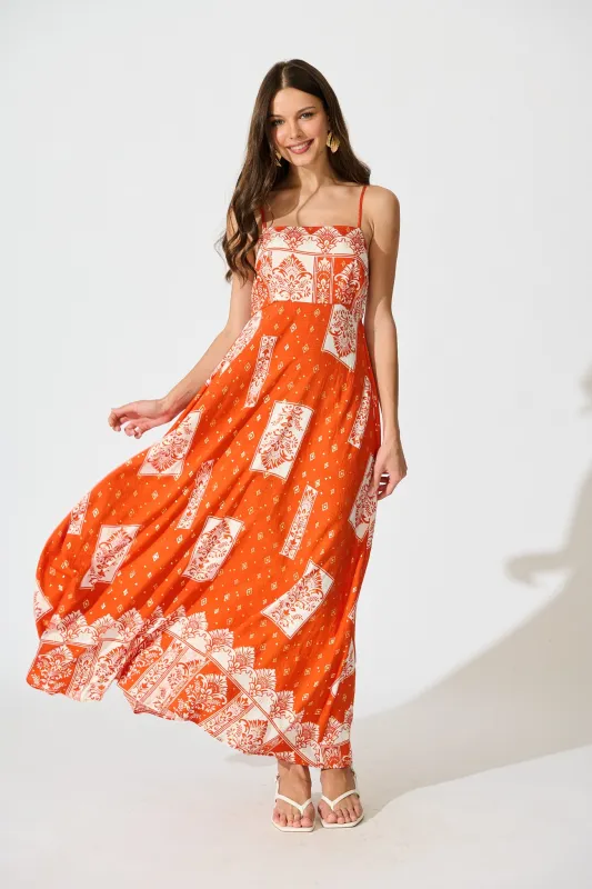 Fayda Maxi Sundress in Orange with White Tile Linen Blend sold by St Frock