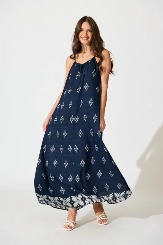 Tansy Maxi Dress in Navy with White Linen Blend sold by St Frock