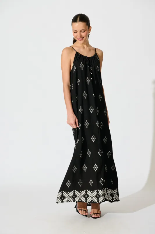 Tansy Maxi Dress in Black with White Linen Blend sold by St Frock