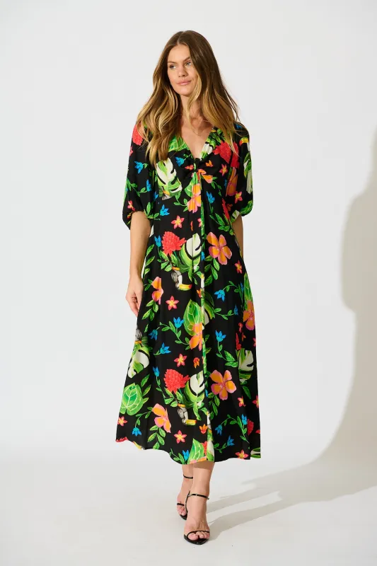 Island Tropic Maxi Dress in Black with Multi Tropical Print sold by St Frock