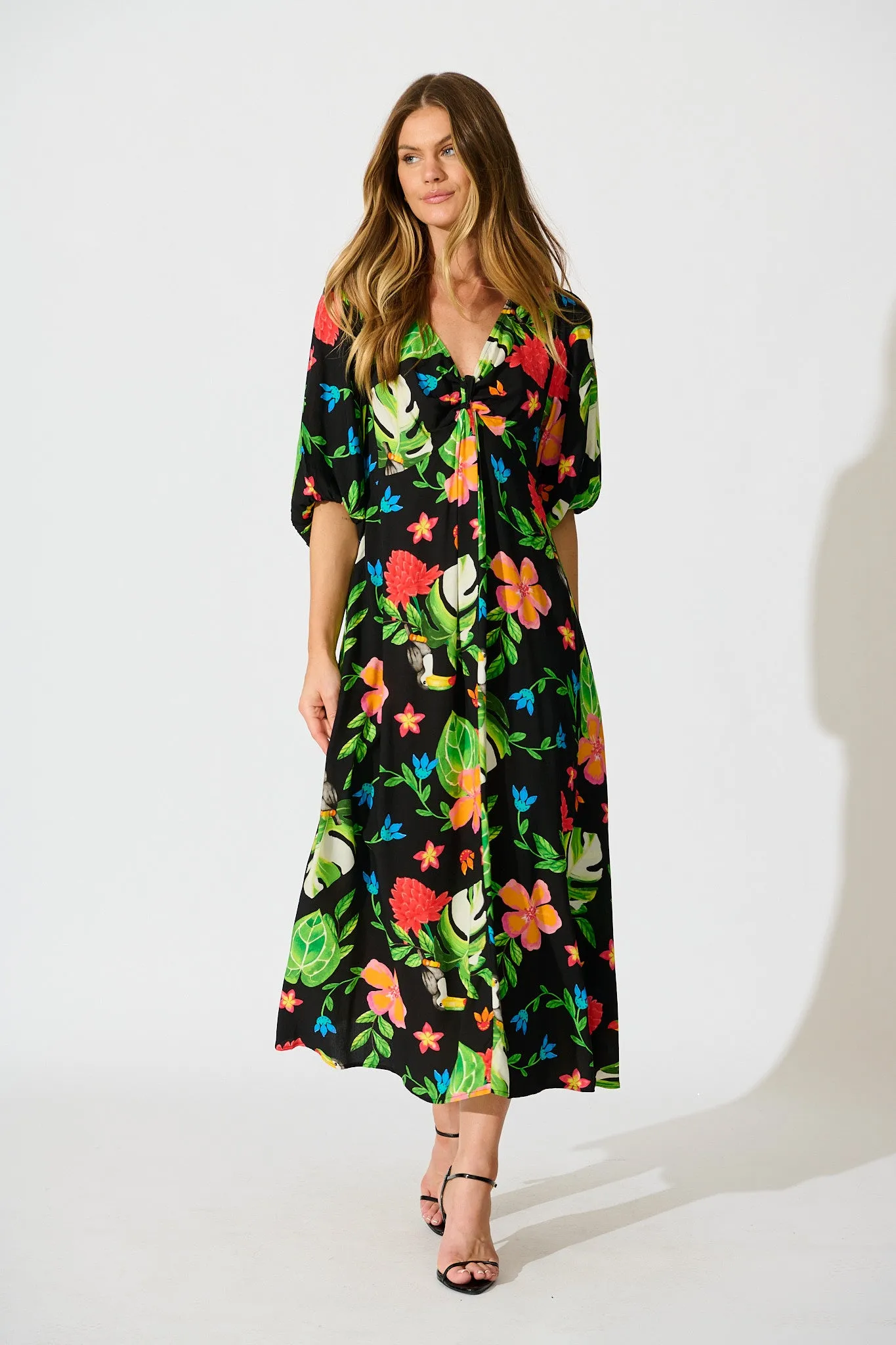 Island Tropic Maxi Dress in Black with Multi Tropical Print sold by St Frock