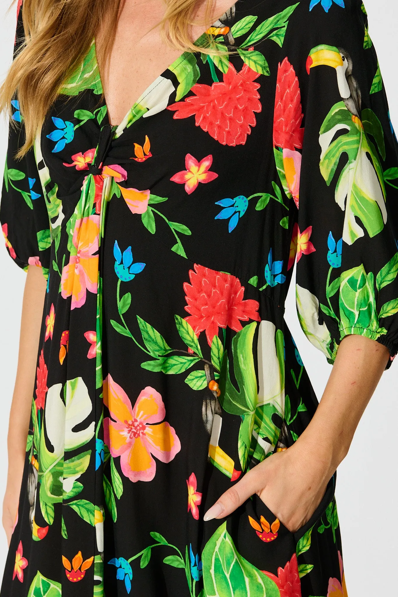 Island Tropic Maxi Dress in Black with Multi Tropical Print sold by St Frock product image thumbnail 5