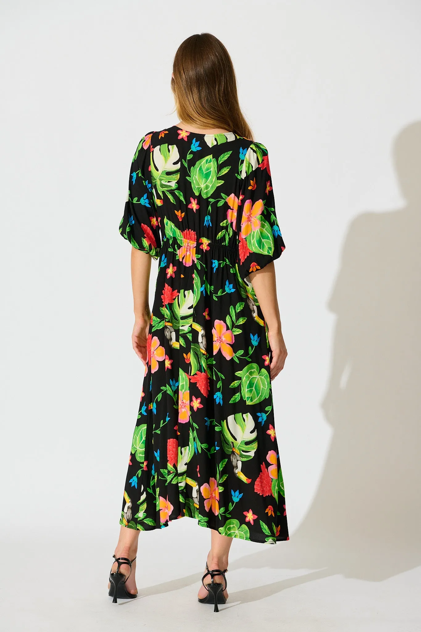 Island Tropic Maxi Dress in Black with Multi Tropical Print sold by St Frock product image thumbnail 4