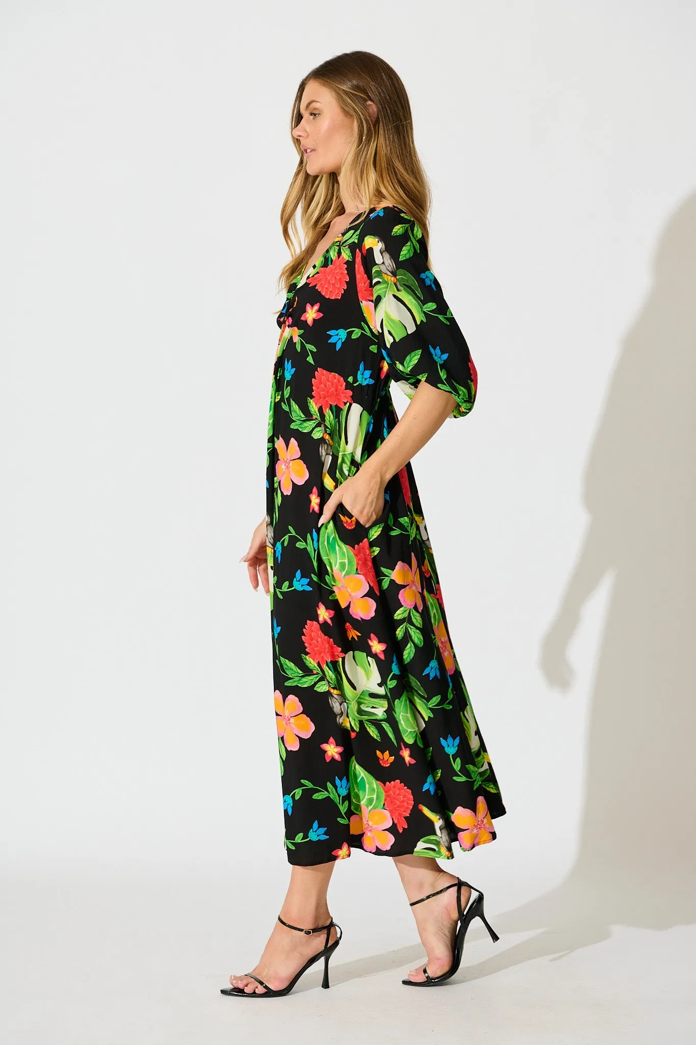 Island Tropic Maxi Dress in Black with Multi Tropical Print sold by St Frock product image thumbnail 3