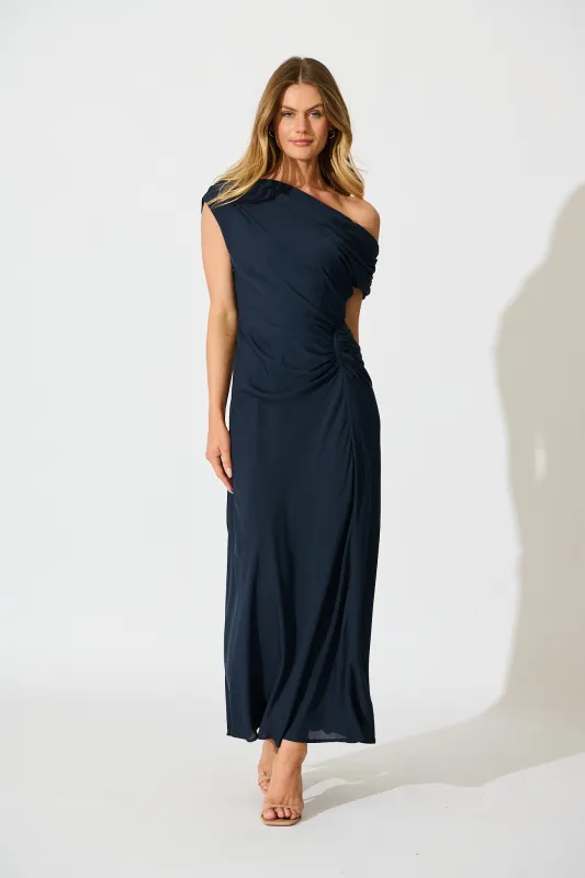 Marielle Off Shoulder Maxi Dress in Navy Chiffon sold by St Frock