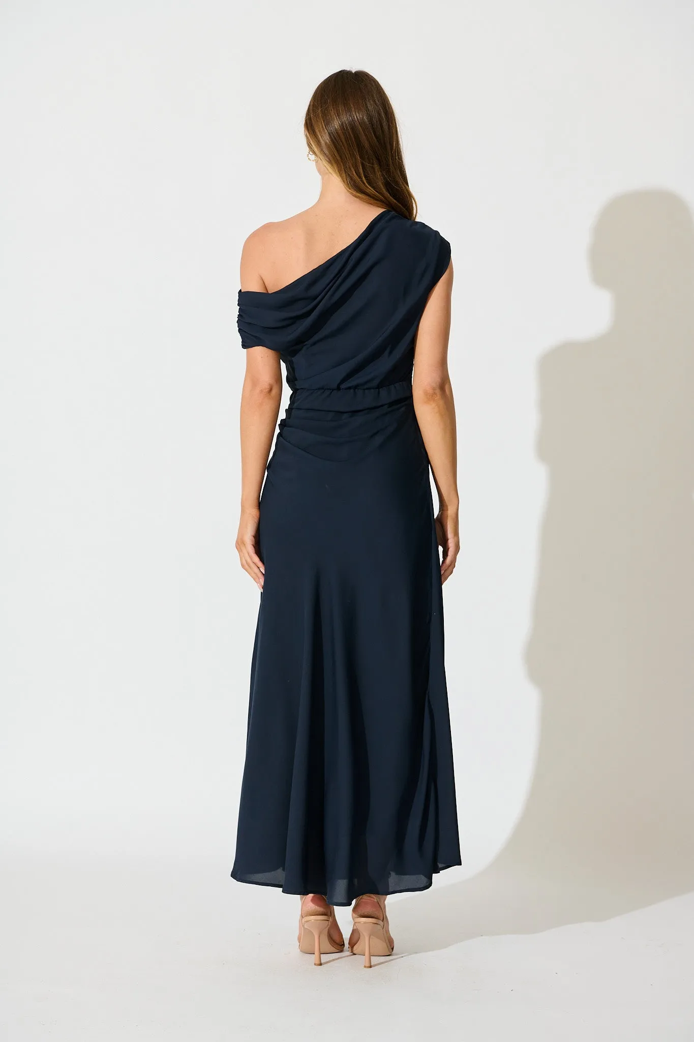 Marielle Off Shoulder Maxi Dress in Navy Chiffon sold by St Frock product image thumbnail 4