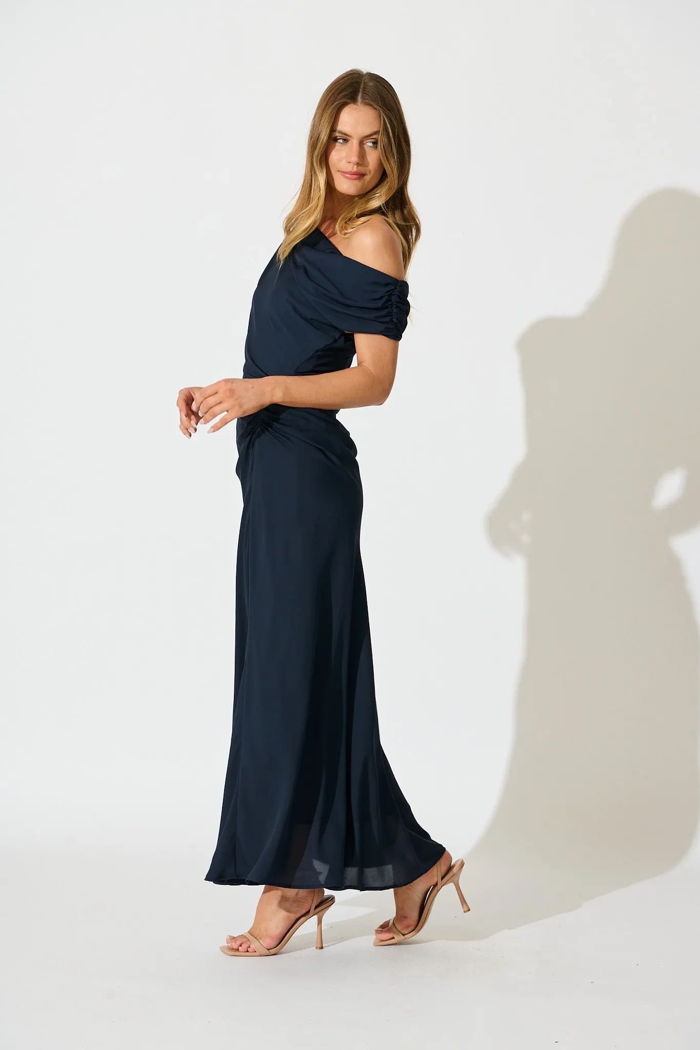 Marielle Off Shoulder Maxi Dress in Navy Chiffon sold by St Frock product image thumbnail 3