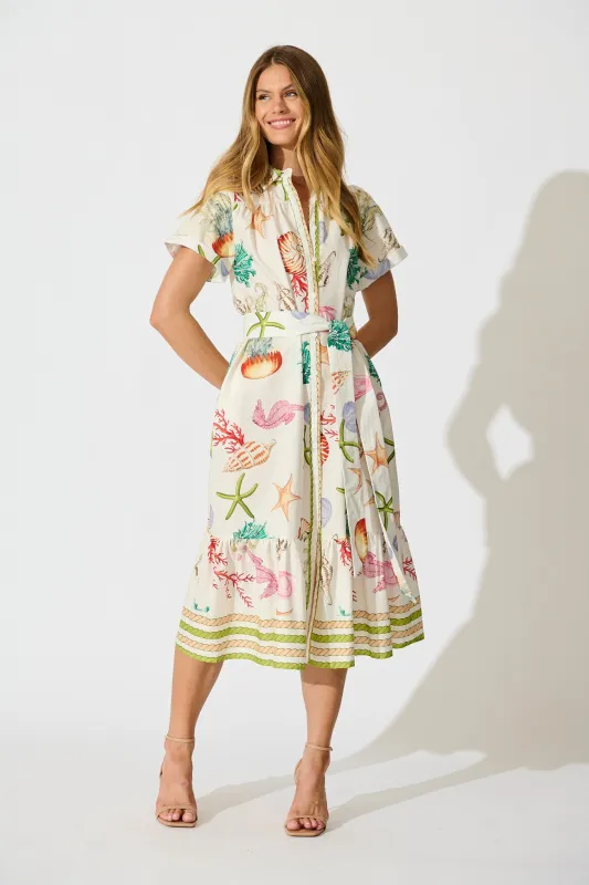 Terah Midi Shirt Dress in White with Multi Seashell Cotton sold by St Frock