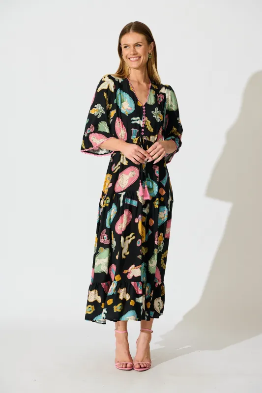 Kelsey Midi Dress in Black with Multi Print sold by St Frock