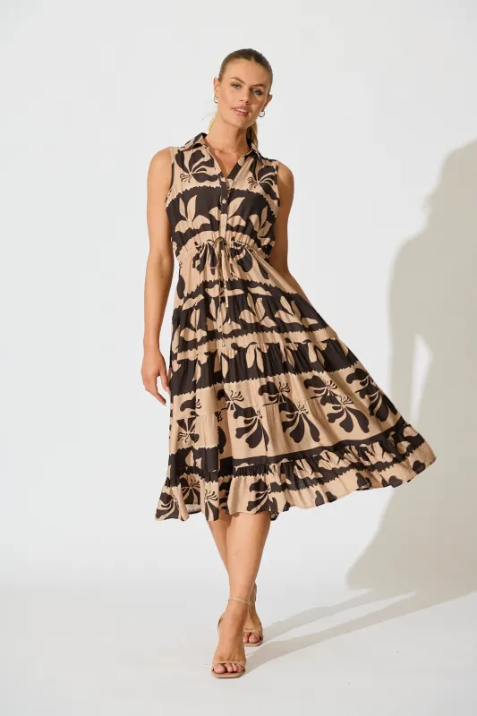 Larah Midi Dress in Brown and Black Linen Blend sold by St Frock