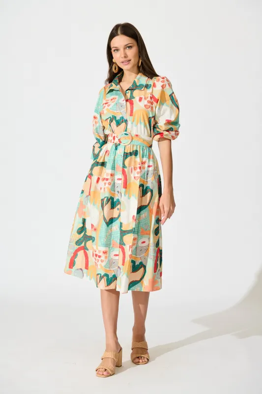 Wanita Midi Shirt Dress in Green Multi Abstract Print Cotton sold by St Frock