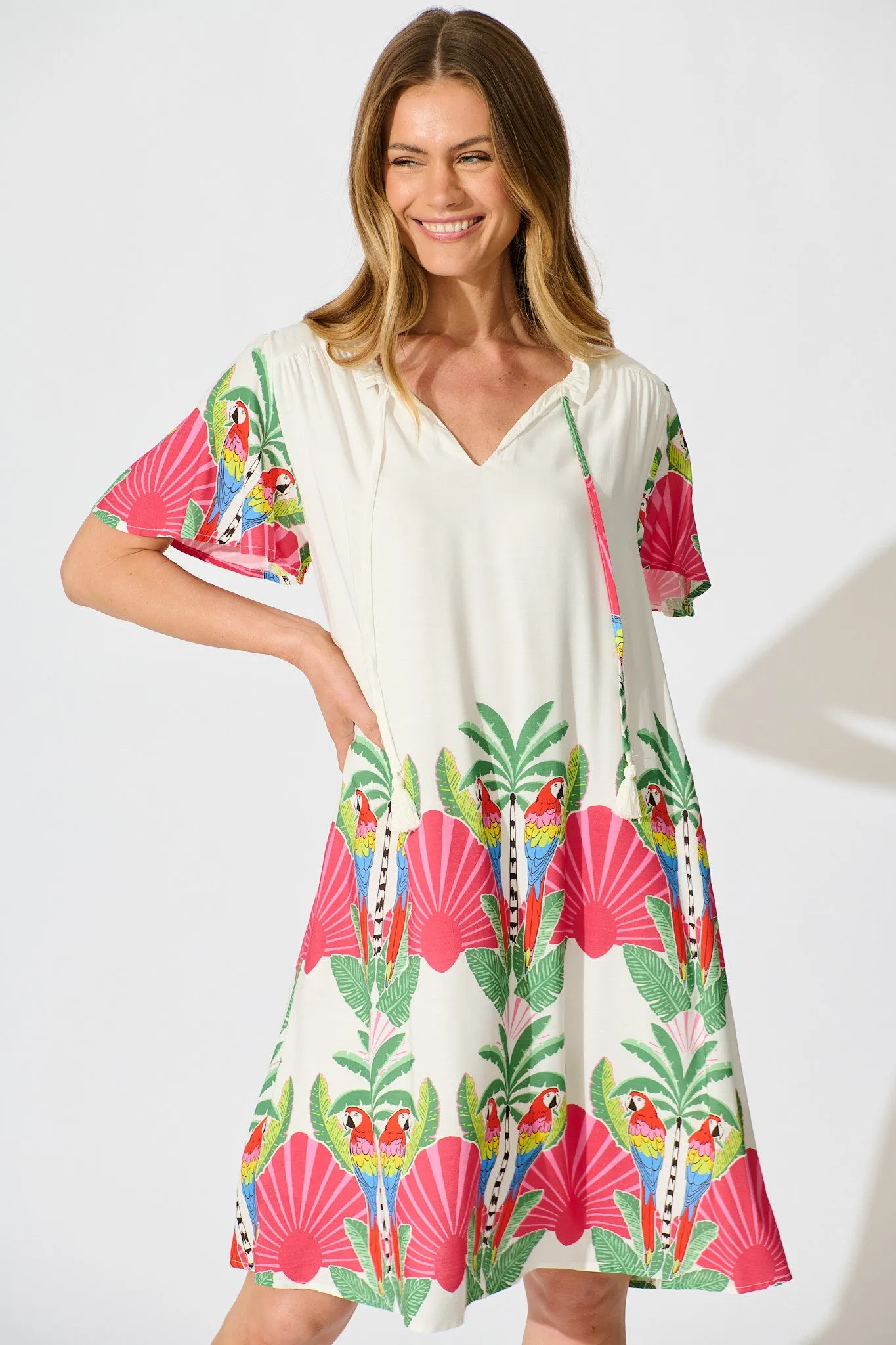 Aere Dress in White with Red Multi Tropical Print sold by St Frock product image thumbnail 2