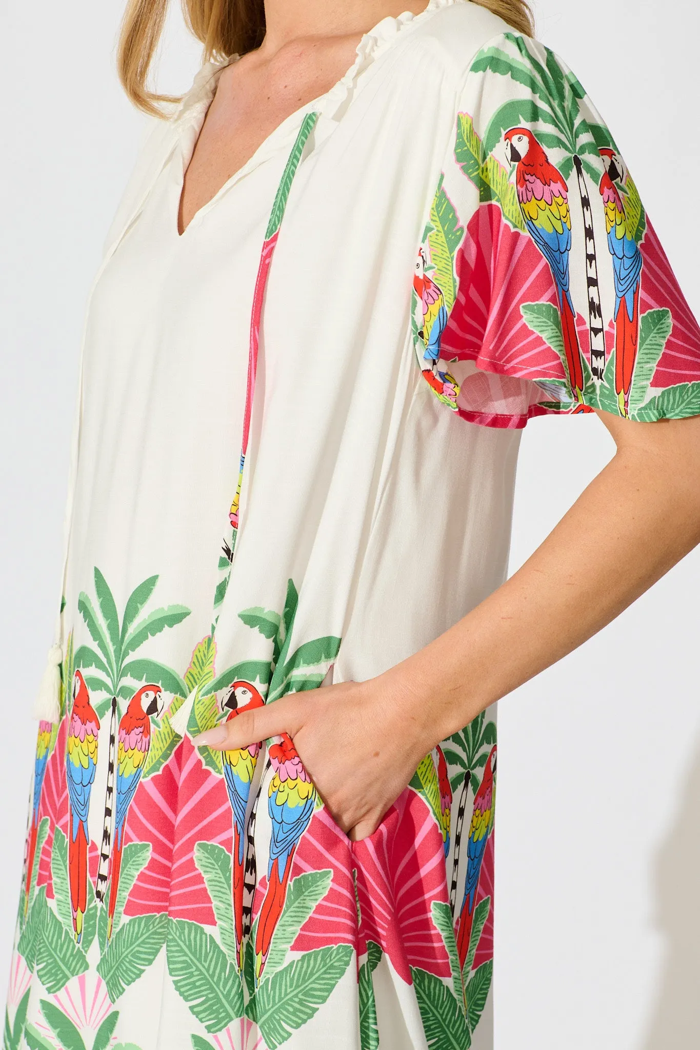 Aere Dress in White with Red Multi Tropical Print sold by St Frock product image thumbnail 5