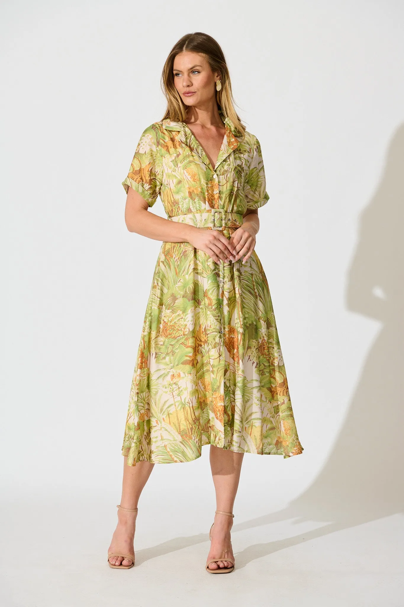 My Sweet Midi Shirt Dress in Green Multi Leaf Print sold by St Frock