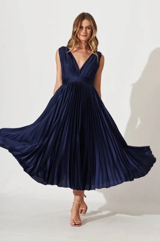 Anette Midi Dress In Pleated Navy Satin sold by St Frock