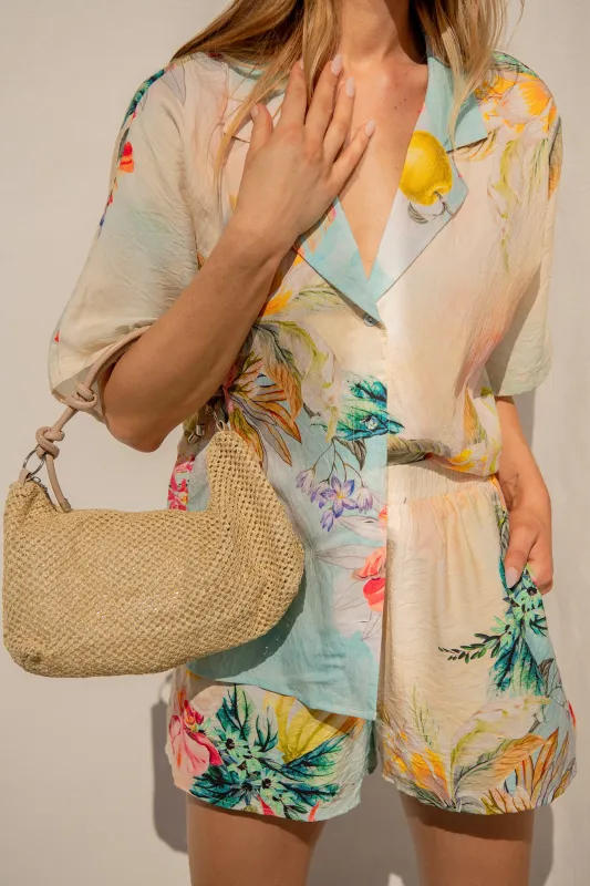Aveline Hand Bag in Natural Woven with Blush Strap sold by St Frock