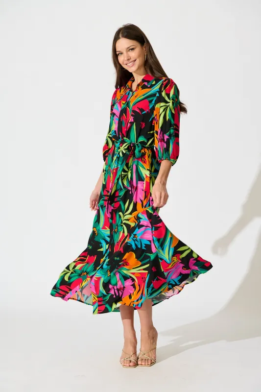 Coco Maxi Shirt Dress In Black Multi Floral sold by St Frock