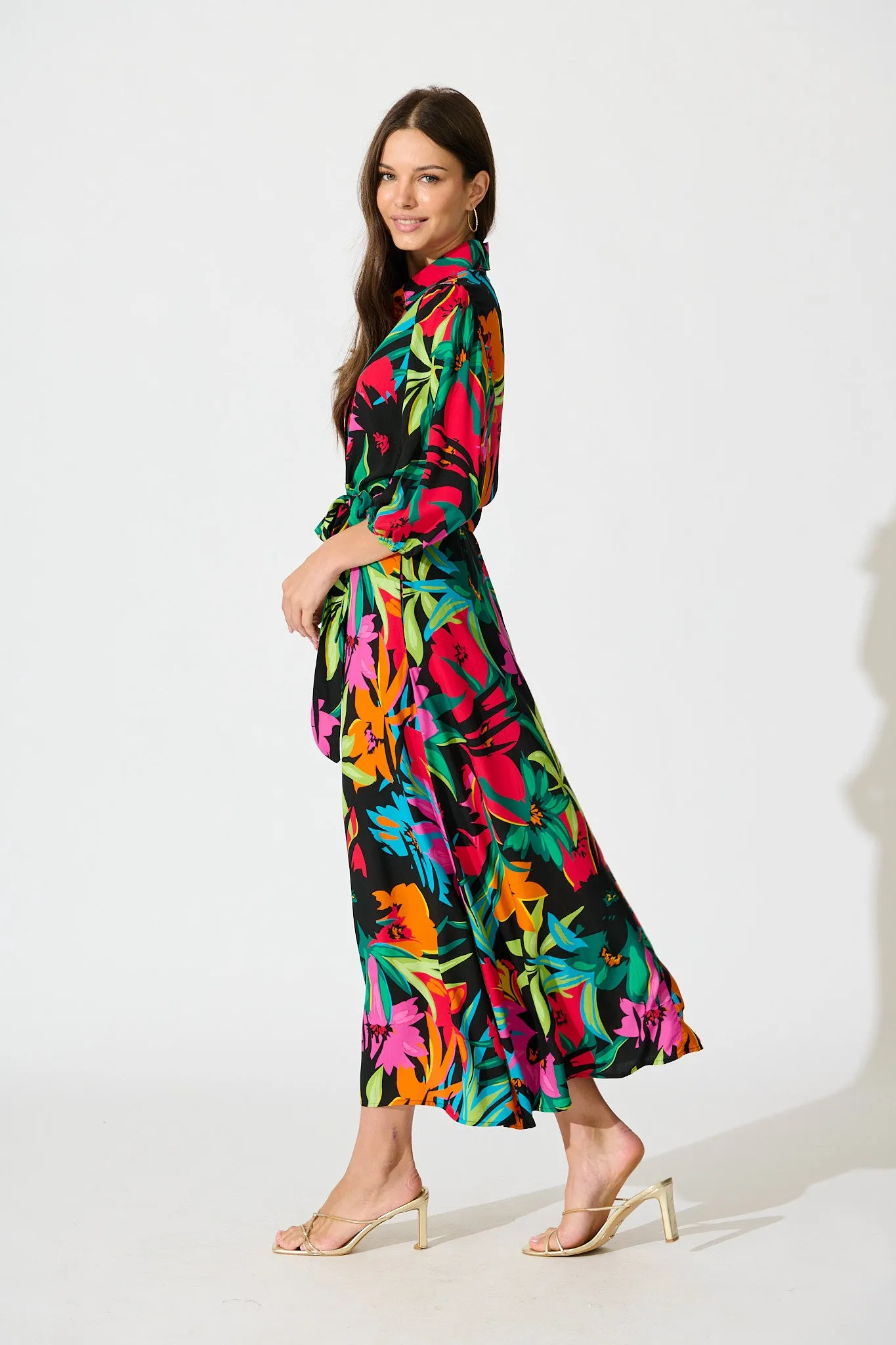Coco Maxi Shirt Dress In Black Multi Floral sold by St Frock product image thumbnail 3