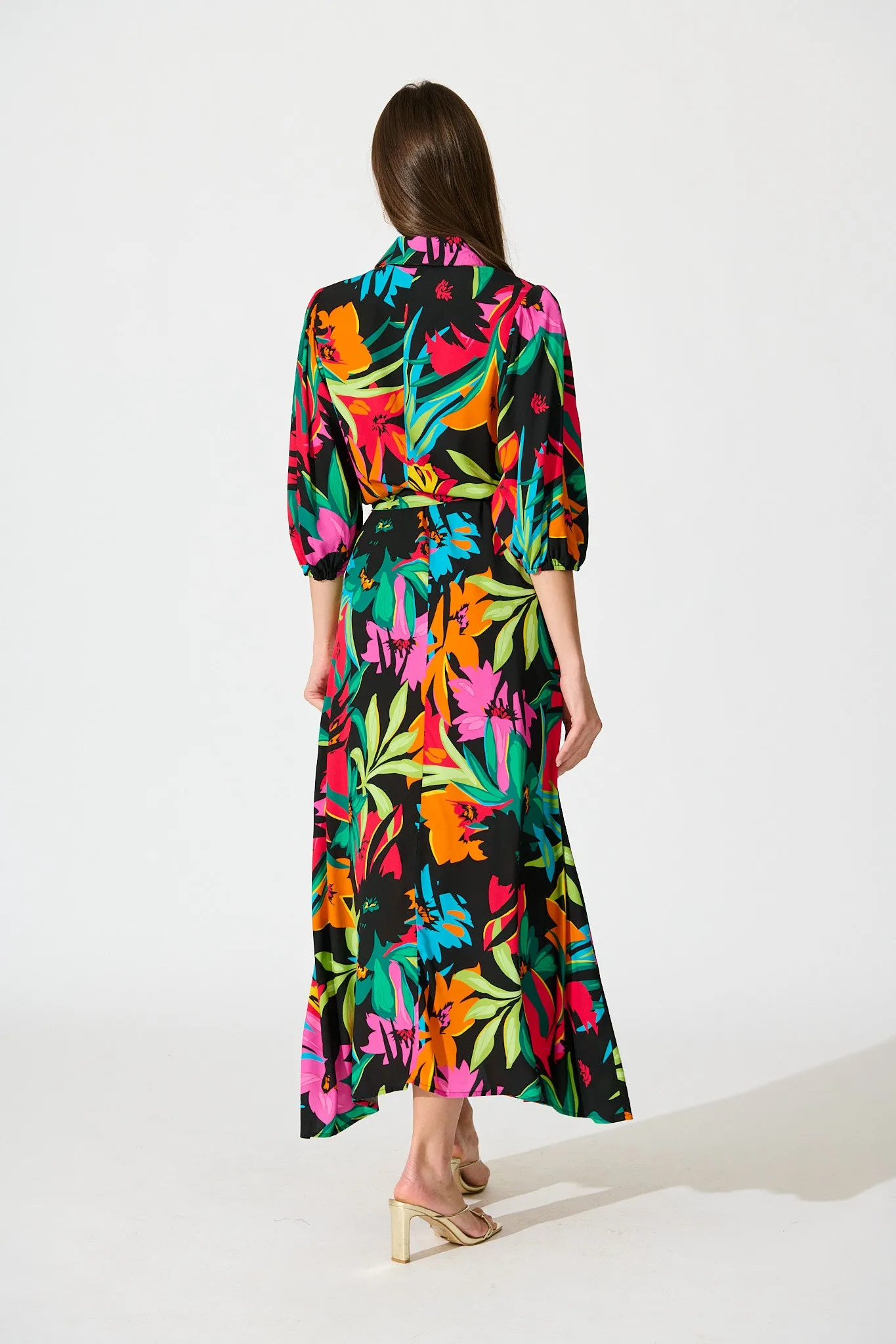 Coco Maxi Shirt Dress In Black Multi Floral sold by St Frock product image thumbnail 4