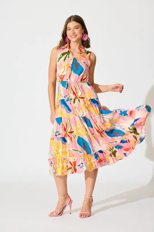 Maelle Midi Dress in Pink with Multi Print sold by St Frock