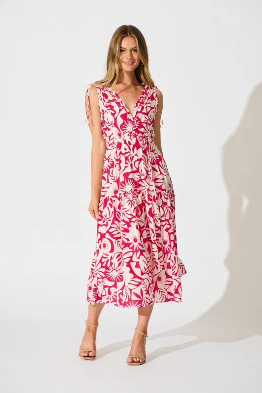 Amabelle Midi Dress in Pink with White Print sold by St Frock