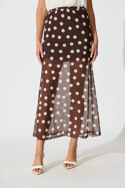 Dotted Moment Maxi Skirt in Brown with White Polka Dot sold by St Frock