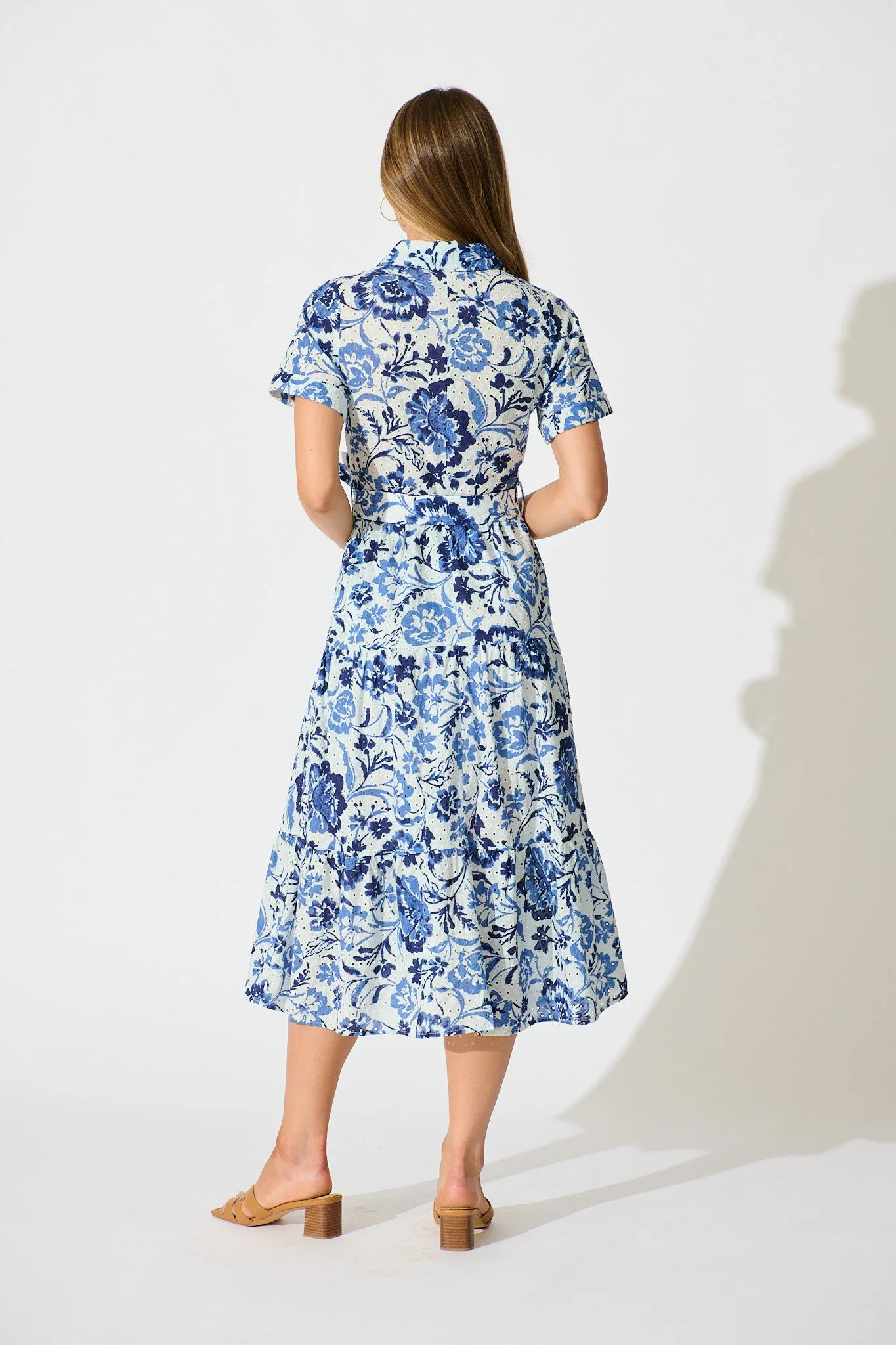 Airlie Midi Shirt Dress in White with Blue Floral Embroidery sold by St Frock product image thumbnail 4