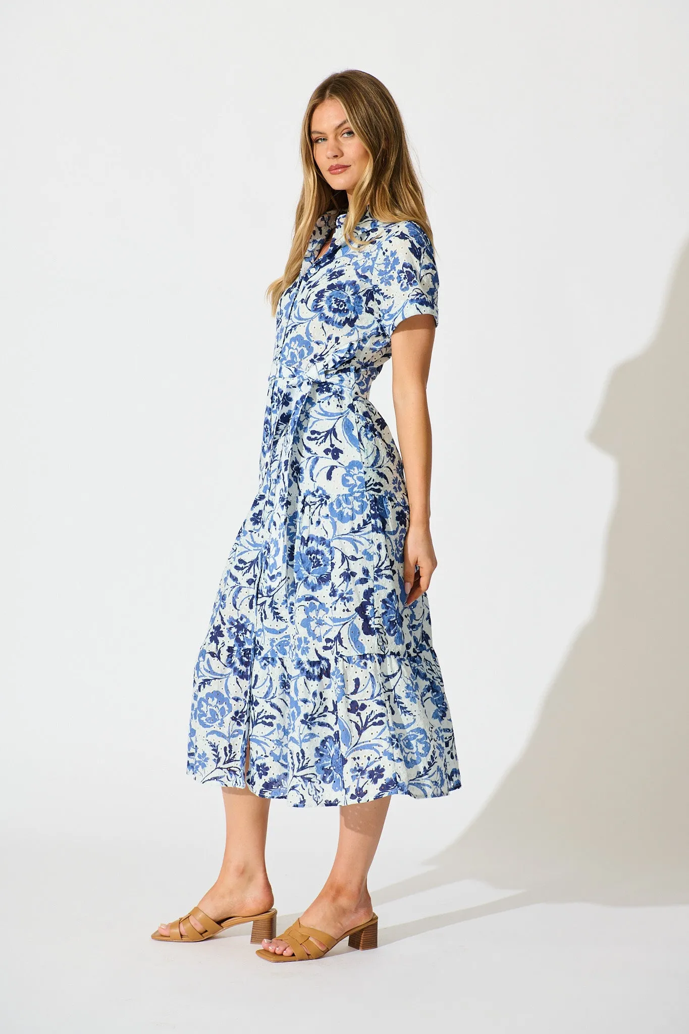 Airlie Midi Shirt Dress in White with Blue Floral Embroidery sold by St Frock product image thumbnail 3