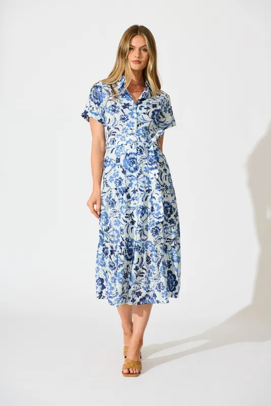 Airlie Midi Shirt Dress in White with Blue Floral Embroidery sold by St Frock