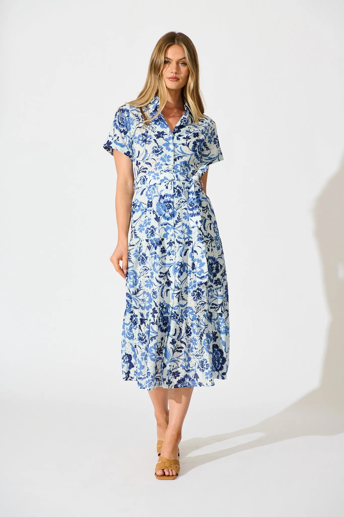 Airlie Midi Shirt Dress in White with Blue Floral Embroidery sold by St Frock