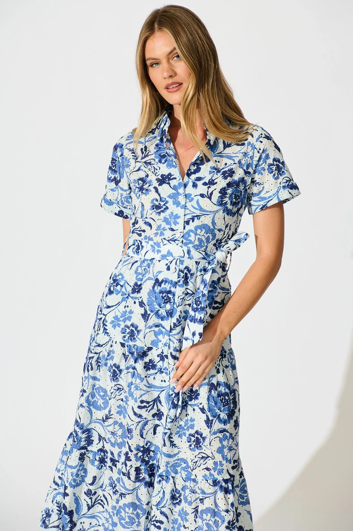Airlie Midi Shirt Dress in White with Blue Floral Embroidery sold by St Frock product image thumbnail 2